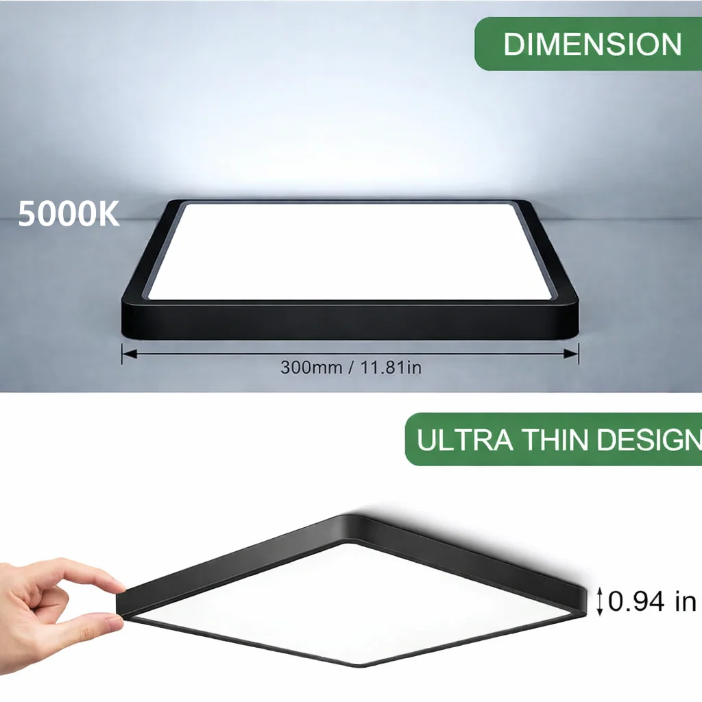 12.0 Inch Square LED Ceiling Light – 24W – Black – 3000K / 4500K / 5000K / 6500K – Flush Mount Ceiling Light – Local Stock (US/UK/DE) - Image 9