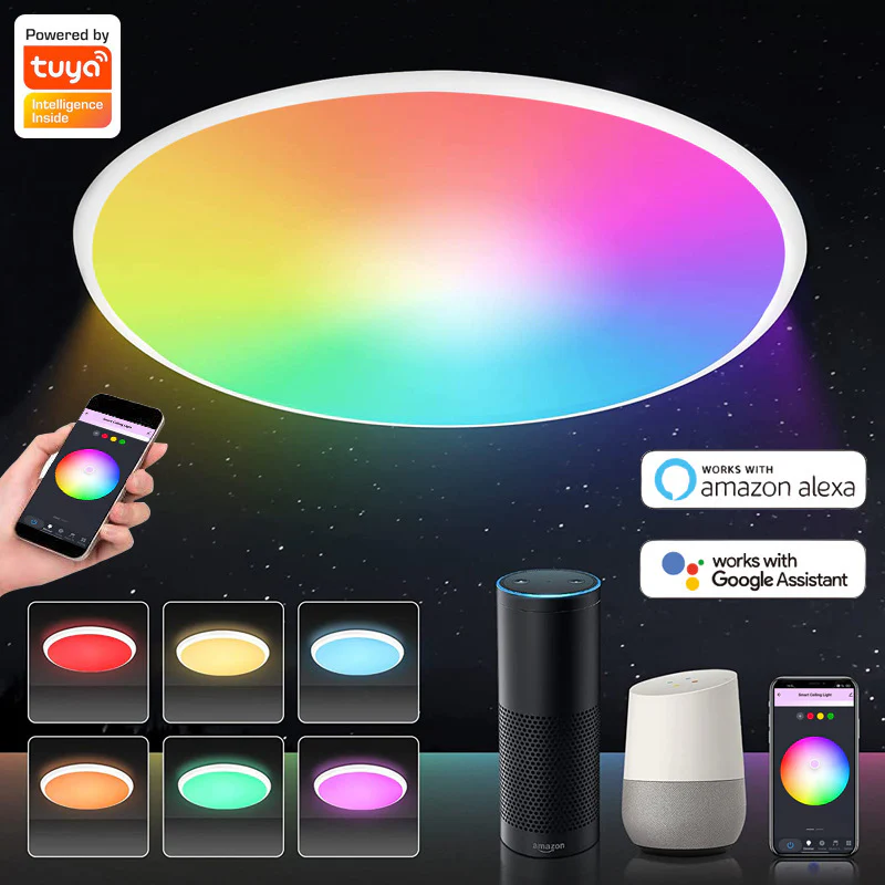 2 Pack 24W 12'' Smart RGBCW Ceiling Light Fixtures RGB Color Changing, 2700K-6500K Adjustable with Dimmable Brightness, Compatible with Alexa/Google Home/APP Control WiFi Light for Bedroom/Kid's Room/Party
