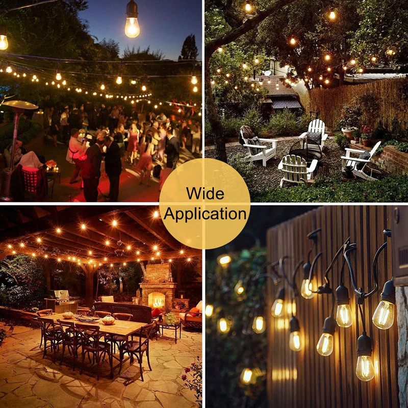 1Pack - Dimmable Waterproof LED Outdoor String Lights - Hanging, 2W Edison Bulbs - 48Ft Commercial Lights for Decor for Patio, Backyard, Garden, S14 Black - Warm White - Image 9