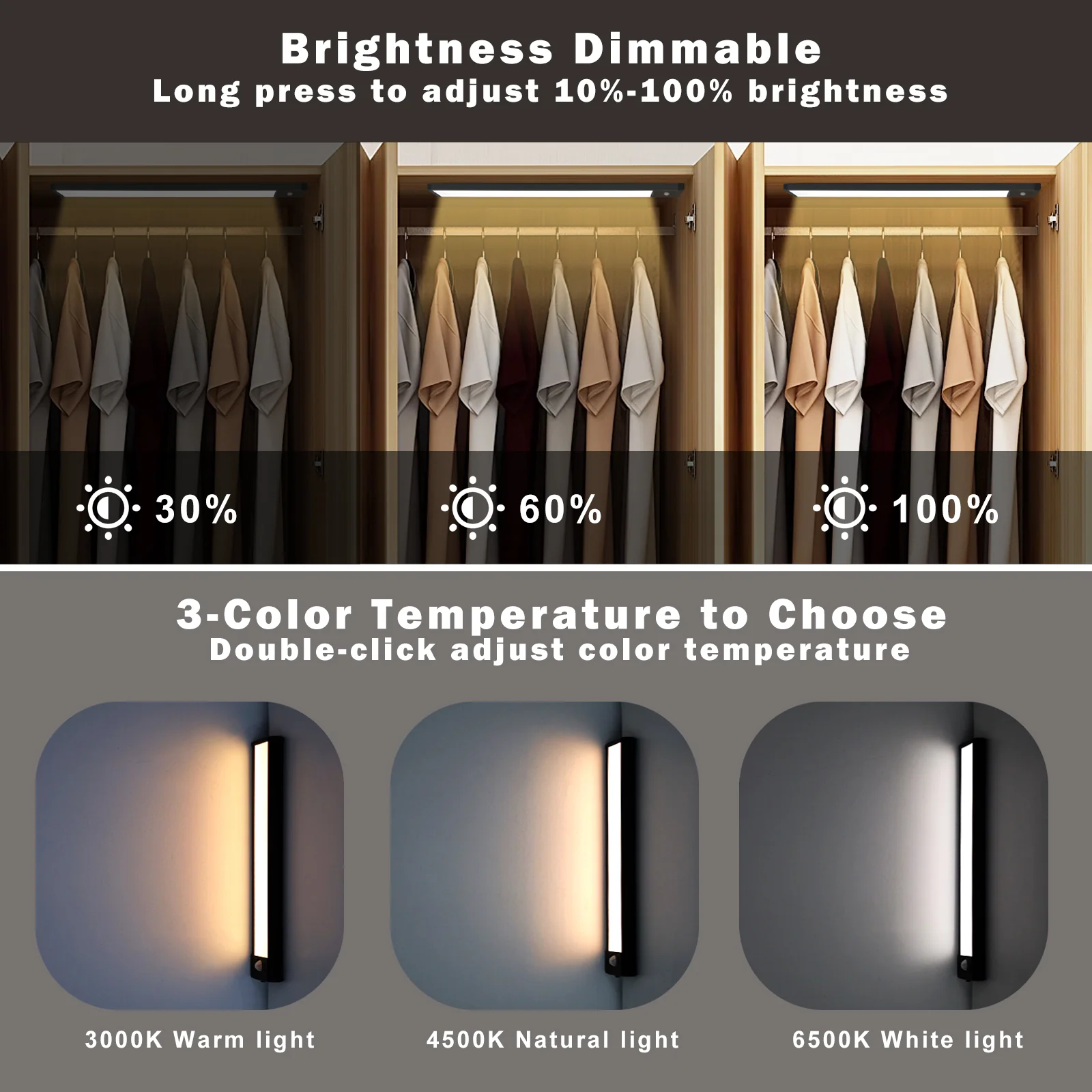 2 Pack Rechargeable Under Cabinet Light – 10” / 12.7” | 3CCT (3000K/4000K/6000K) | Motion Sensor & Touch Dimming | Slim Magnetic Design | Black Finish - Image 4