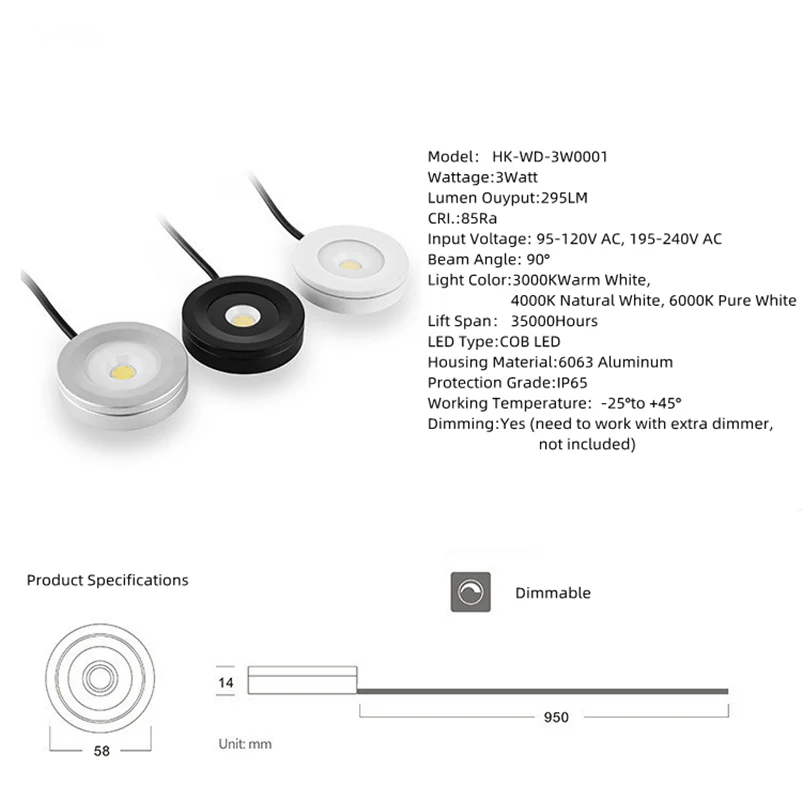 2 Pack Waterproof LED Puck Lights – 3W | Warm / Daylight White | White / Silver / Black | Hardwired | Dimmable with Compatible Dimmer | AC 110V / 220V | Adhesive Mount - Image 5