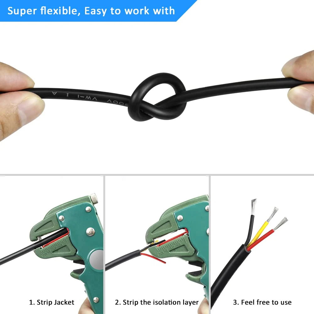 20 AWG Electrical Cable, 2/3/4/5 Conductor Stranded Tinned Copper Wire, Black/White PVC Sheathed Flexible Extension Cord for DIY Wiring, 10/20/50m (33ft–165ft) Options - Image 7