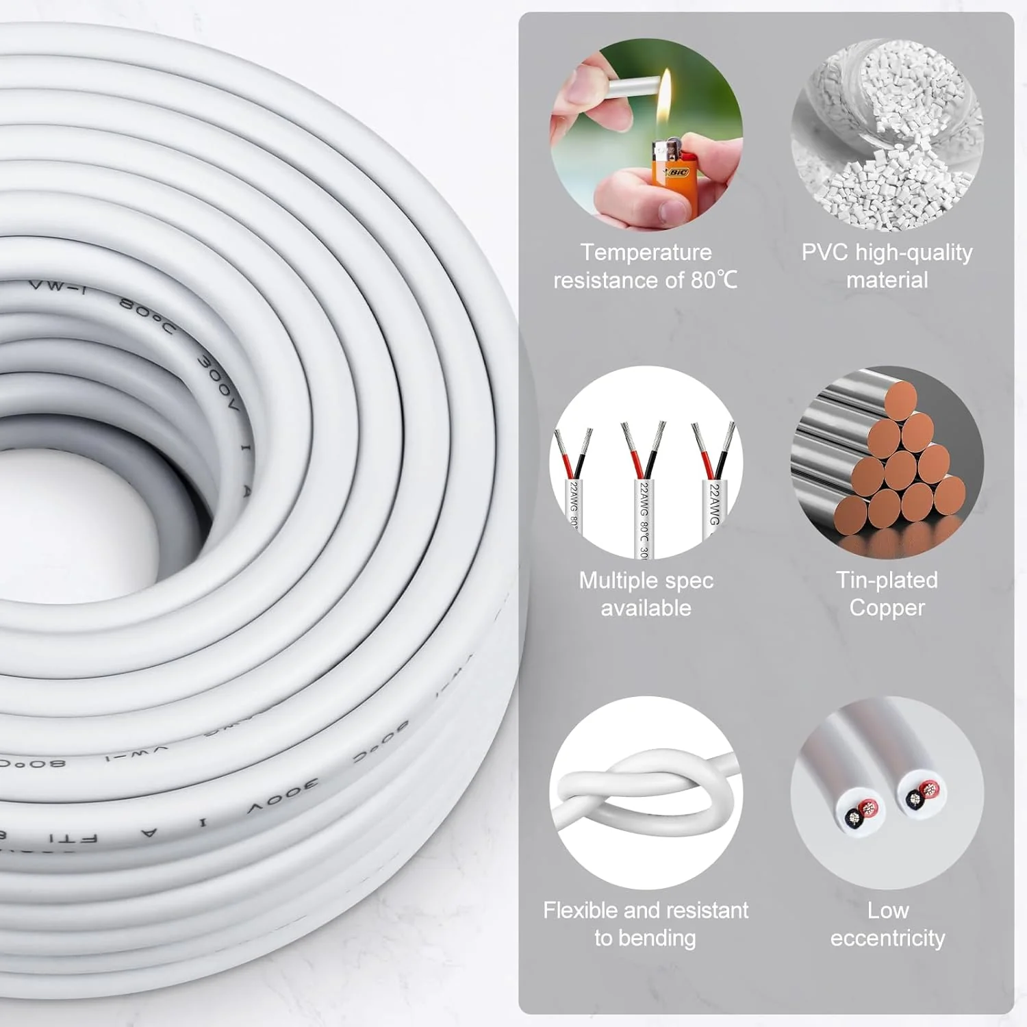 22 AWG Electrical Wire, 2/3/4/5 Conductor Stranded Tinned Copper Cable, Black/White PVC Jacket Flexible Multi-Core Extension Cord — 10/20/50m (33ft–165ft) Options - Image 5