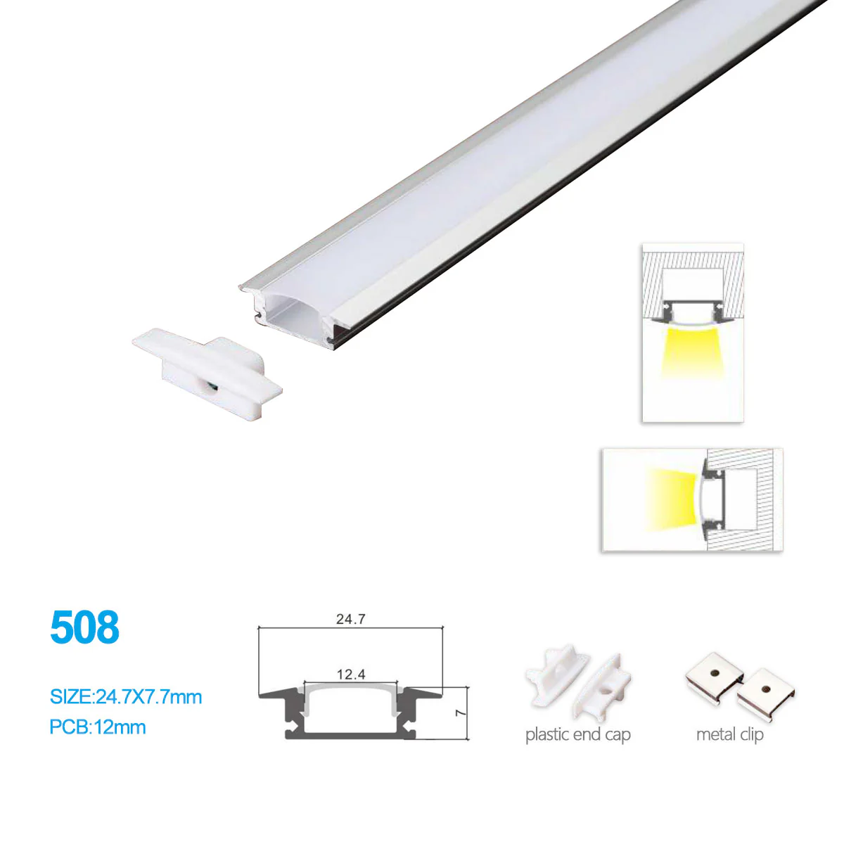 24.7*7 MM Wall Mounted LED Aluminum Profile Kit 508-B – 12mm Inner Width | Silver | Milky White Cover | With Installation Accessories | – Aluminum Profile – 1m / 2m / 3m | 50 / 100-Pack