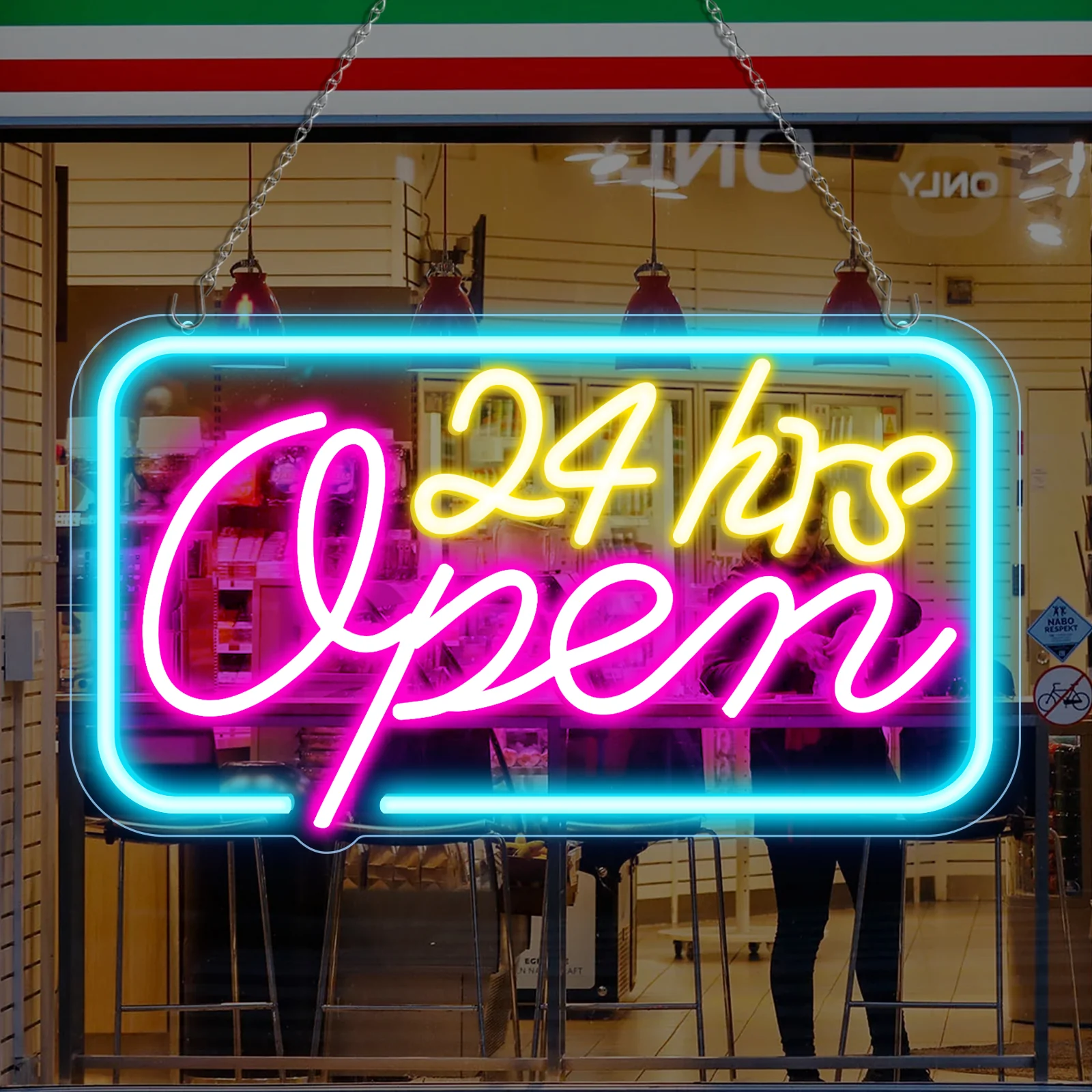 24hrs Open Neon Sign – Ice Blue, Yellow & Purple Glow | 16×9 inch (40×23 cm) | Window Hanging Light for 24 Hour Stores Plug & Play