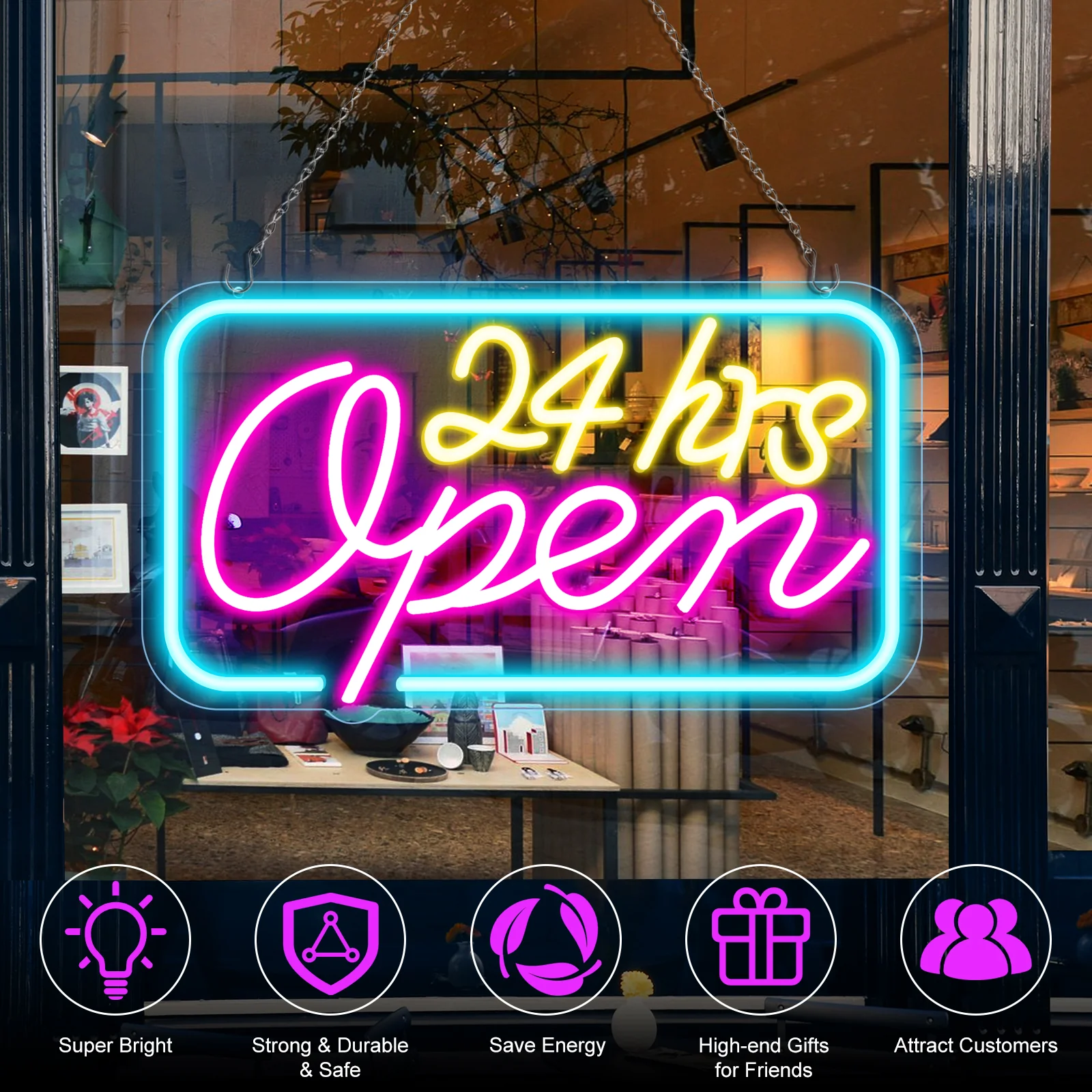 24hrs Open Neon Sign – Ice Blue, Yellow & Purple Glow | 16×9 inch (40×23 cm) | Window Hanging Light for 24 Hour Stores Plug & Play - Image 2
