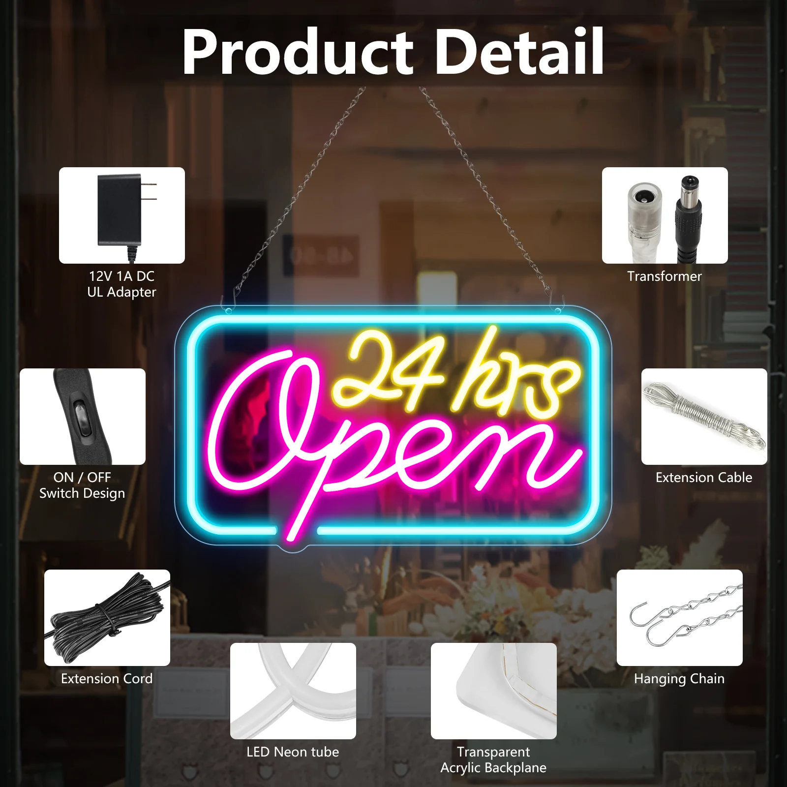 24hrs Open Neon Sign – Ice Blue, Yellow & Purple Glow | 16×9 inch (40×23 cm) | Window Hanging Light for 24 Hour Stores Plug & Play - Image 3