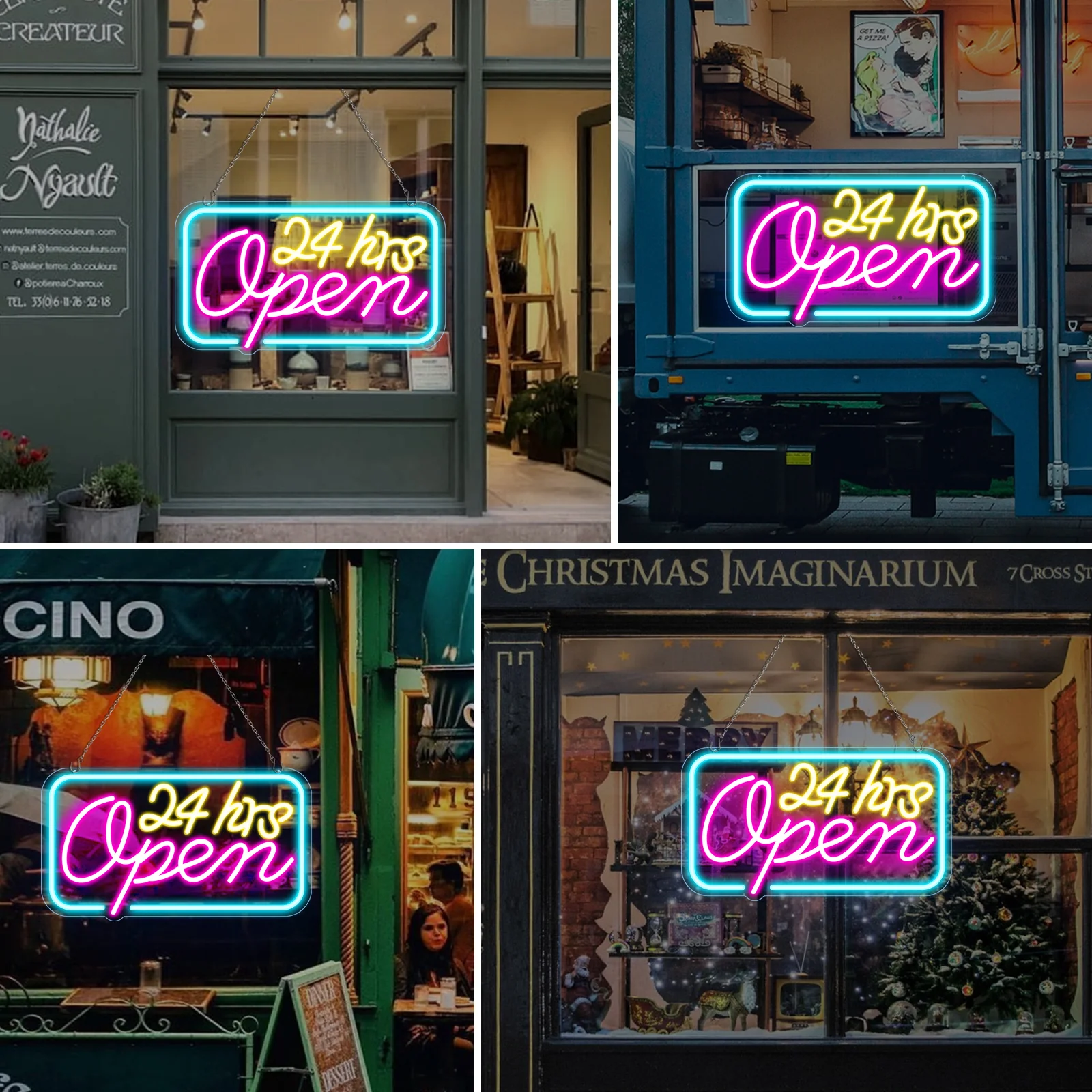 24hrs Open Neon Sign – Ice Blue, Yellow & Purple Glow | 16×9 inch (40×23 cm) | Window Hanging Light for 24 Hour Stores Plug & Play - Image 4