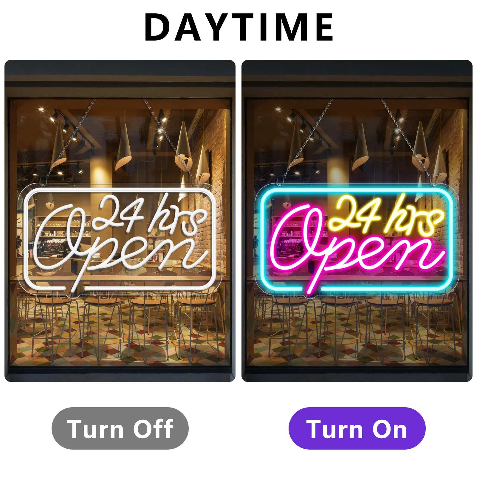 24hrs Open Neon Sign – Ice Blue, Yellow & Purple Glow | 16×9 inch (40×23 cm) | Window Hanging Light for 24 Hour Stores Plug & Play - Image 5