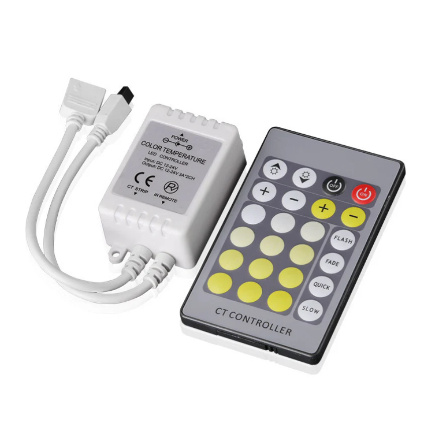 Dual White LED Strip Controller – DC12V–24V | 24-Key IR Remote | Color Temperature Adjustable | For Tunable White LED Strips