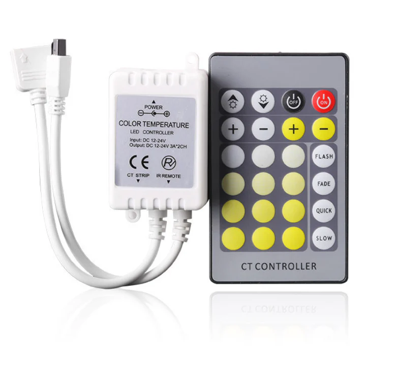 Dual White LED Strip Controller – DC12V–24V | 24-Key IR Remote | Color Temperature Adjustable | For Tunable White LED Strips - Image 2