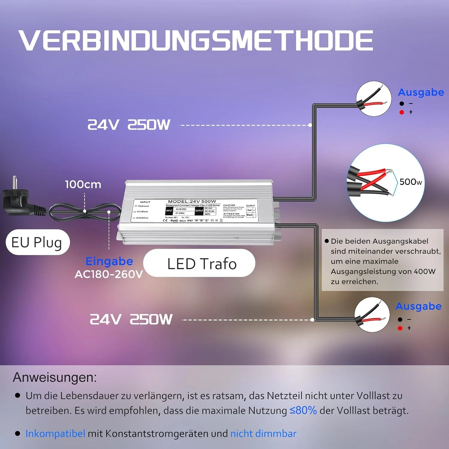 24V Waterproof LED Driver, 175–265V Input, 200W–500W, Single/Dual Wire Output, Outdoor Power Adapter, CE/RoHS/FCC — UK/EU Plug & Wire Leads Options - Image 10