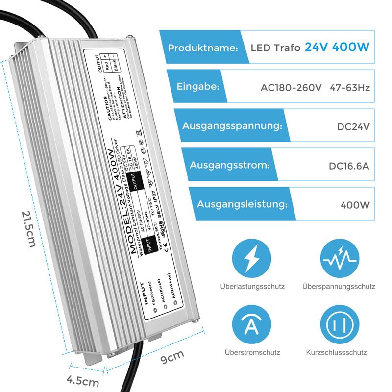 24V Waterproof LED Driver, 175–265V Input, 200W–500W, Single/Dual Wire Output, Outdoor Power Adapter, CE/RoHS/FCC — UK/EU Plug & Wire Leads Options - Image 12