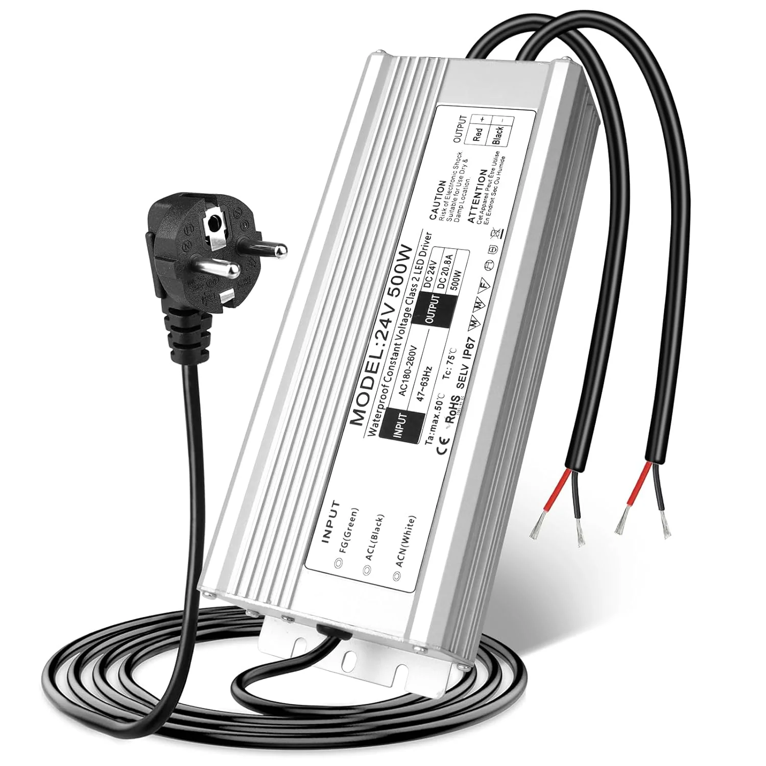 24V Waterproof LED Driver, 175–265V Input, 200W–500W, Single/Dual Wire Output, Outdoor Power Adapter, CE/RoHS/FCC — UK/EU Plug & Wire Leads Options - Image 13