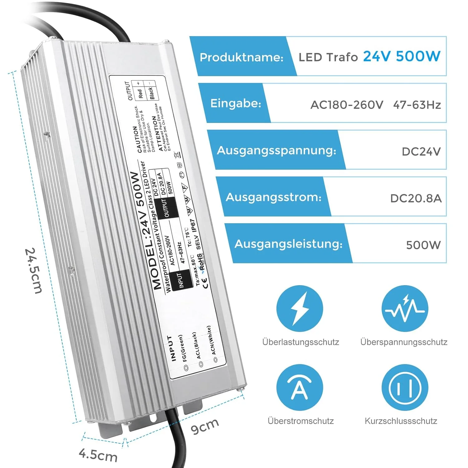 24V Waterproof LED Driver, 175–265V Input, 200W–500W, Single/Dual Wire Output, Outdoor Power Adapter, CE/RoHS/FCC — UK/EU Plug & Wire Leads Options - Image 14