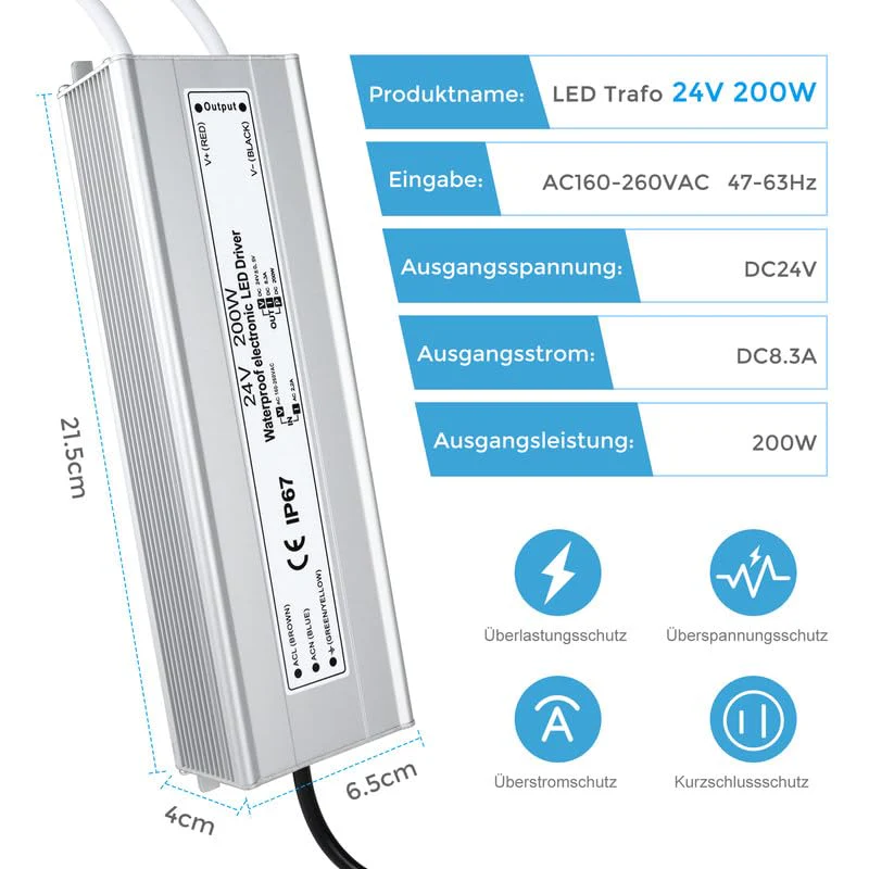 24V Waterproof LED Driver, 175–265V Input, 200W–500W, Single/Dual Wire Output, Outdoor Power Adapter, CE/RoHS/FCC — UK/EU Plug & Wire Leads Options - Image 16
