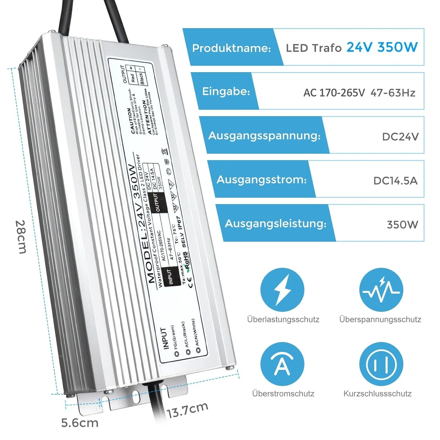 24V Waterproof LED Driver, 175–265V Input, 200W–500W, Single/Dual Wire Output, Outdoor Power Adapter, CE/RoHS/FCC — UK/EU Plug & Wire Leads Options - Image 18