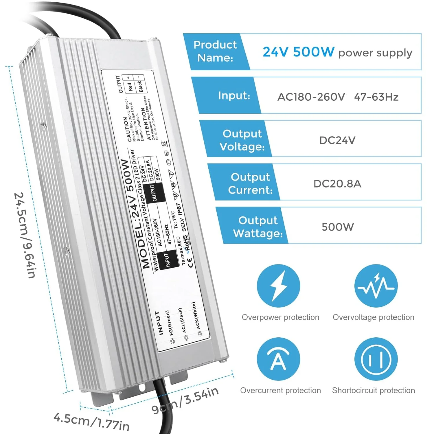 24V Waterproof LED Driver, 175–265V Input, 200W–500W, Single/Dual Wire Output, Outdoor Power Adapter, CE/RoHS/FCC — UK/EU Plug & Wire Leads Options - Image 20