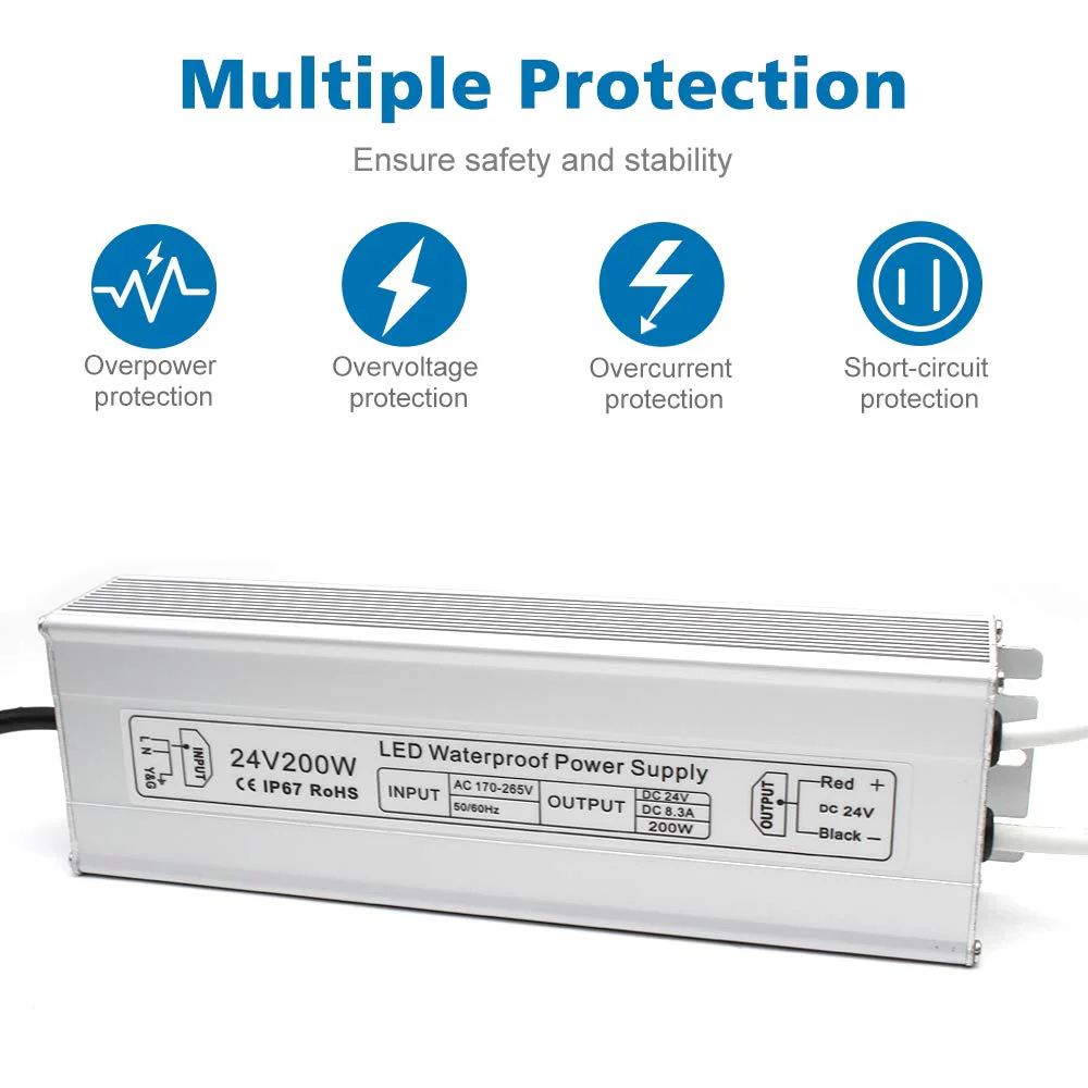 24V Waterproof LED Driver, 175–265V Input, 200W–500W, Single/Dual Wire Output, Outdoor Power Adapter, CE/RoHS/FCC — UK/EU Plug & Wire Leads Options - Image 3