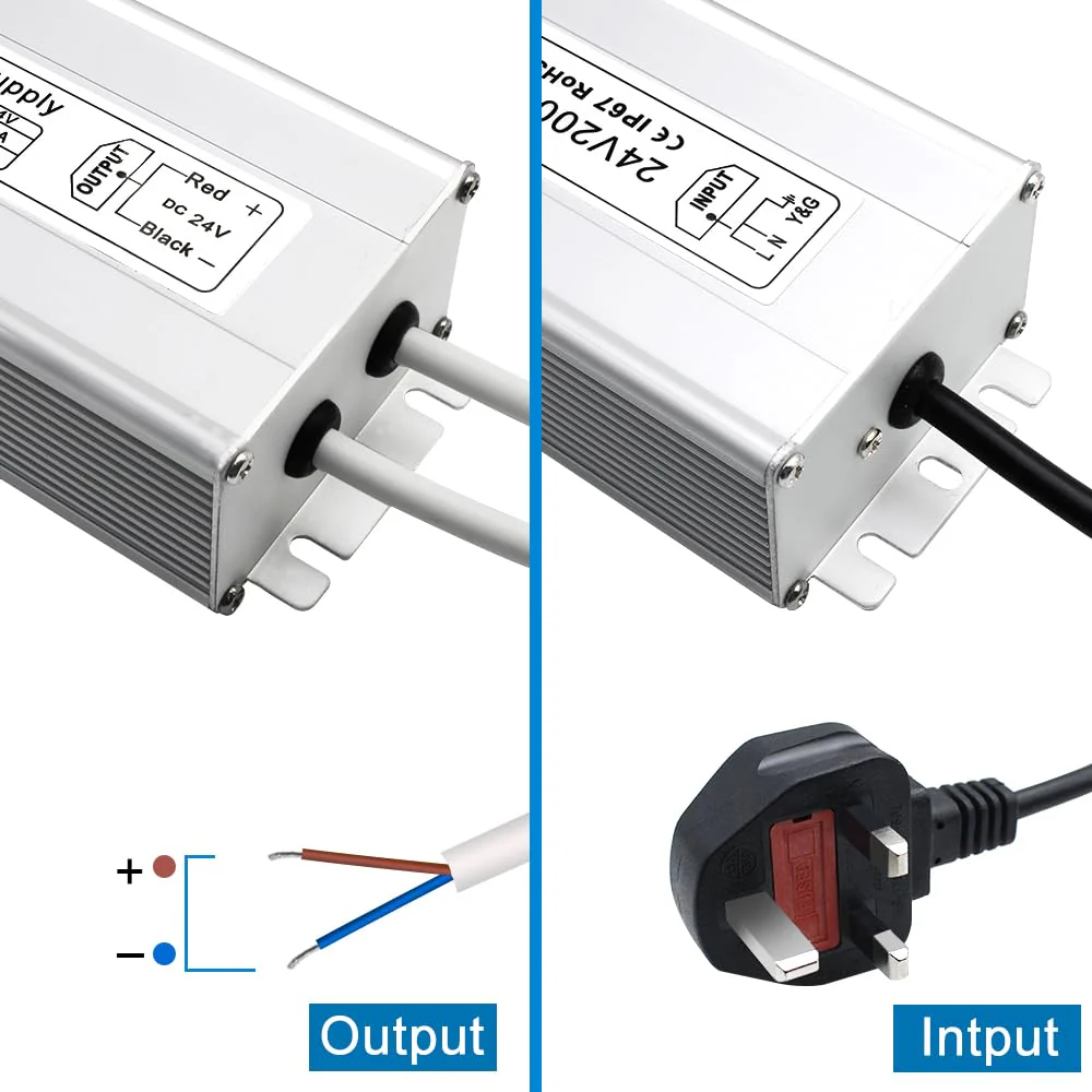 24V Waterproof LED Driver, 175–265V Input, 200W–500W, Single/Dual Wire Output, Outdoor Power Adapter, CE/RoHS/FCC — UK/EU Plug & Wire Leads Options - Image 6