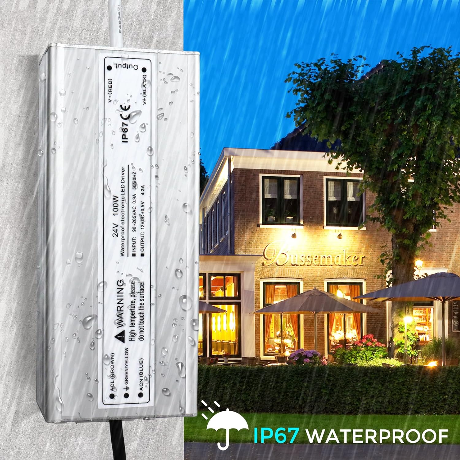 24V Waterproof LED Power Supply 30W–300W, 90–265V Input, Single/Dual Wire Output, Outdoor LED Driver, CE/RoHS/FCC — US/UK/EU Plug & Wire Leads Options - Image 3