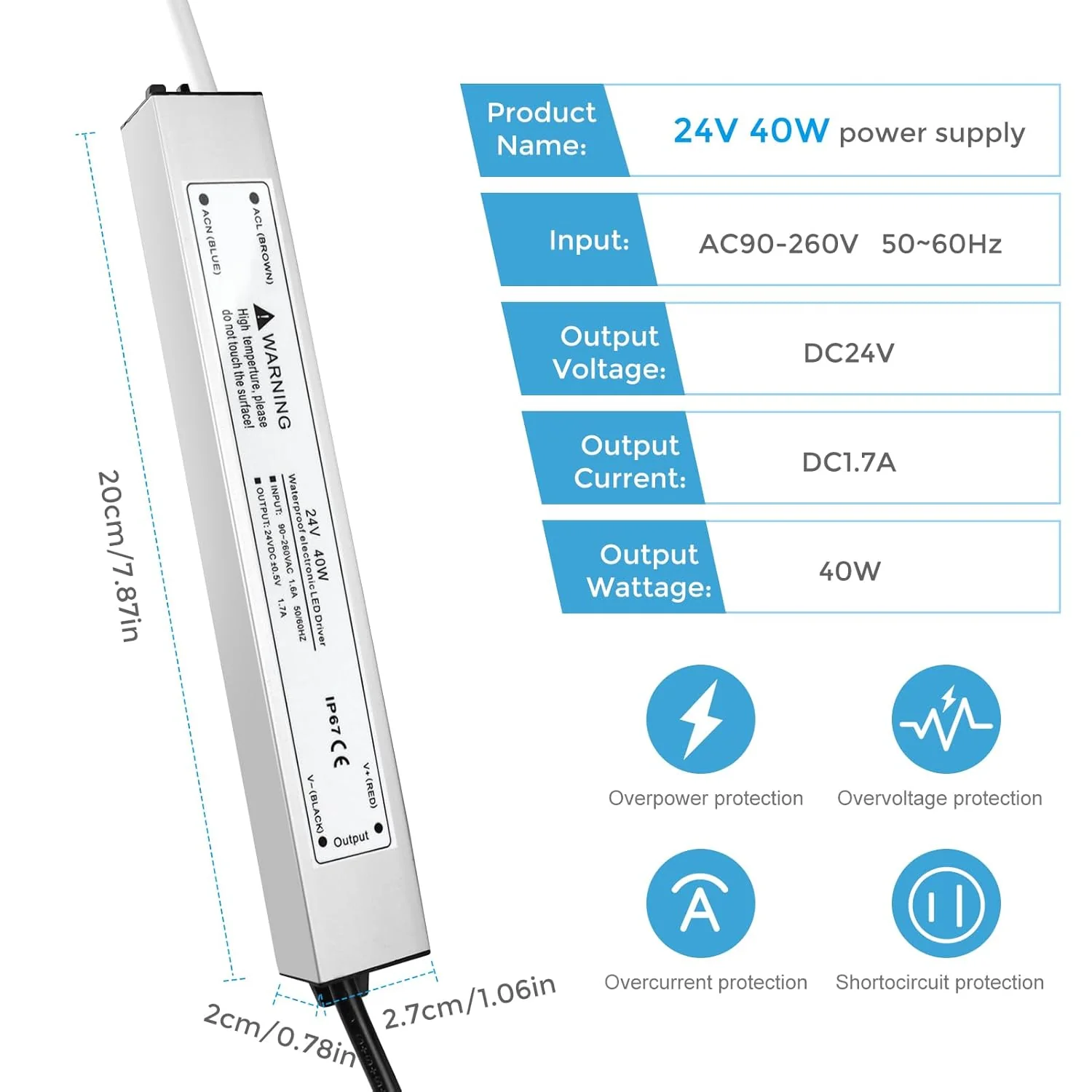 24V Waterproof LED Power Supply 30W–300W, 90–265V Input, Single/Dual Wire Output, Outdoor LED Driver, CE/RoHS/FCC — US/UK/EU Plug & Wire Leads Options - Image 36