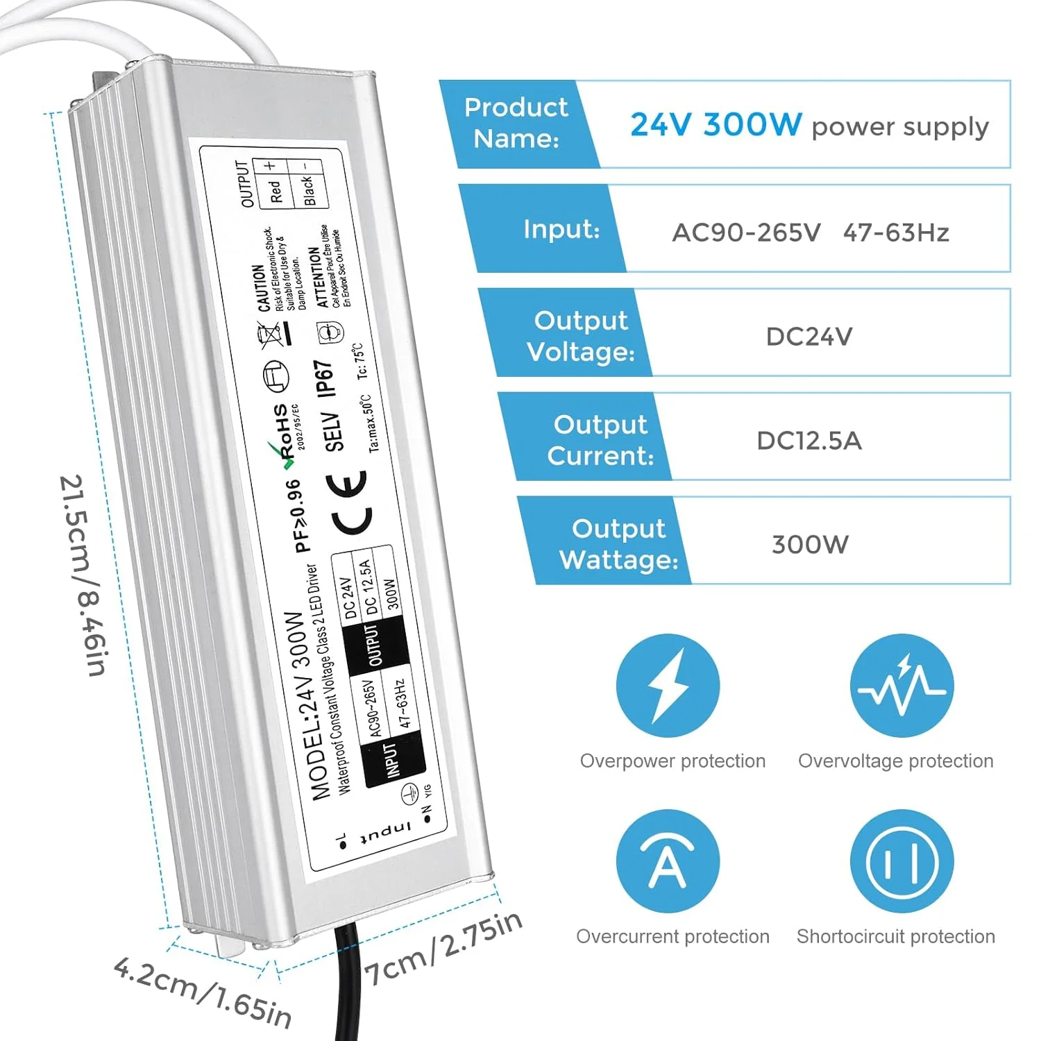 24V Waterproof LED Power Supply 30W–300W, 90–265V Input, Single/Dual Wire Output, Outdoor LED Driver, CE/RoHS/FCC — US/UK/EU Plug & Wire Leads Options - Image 38