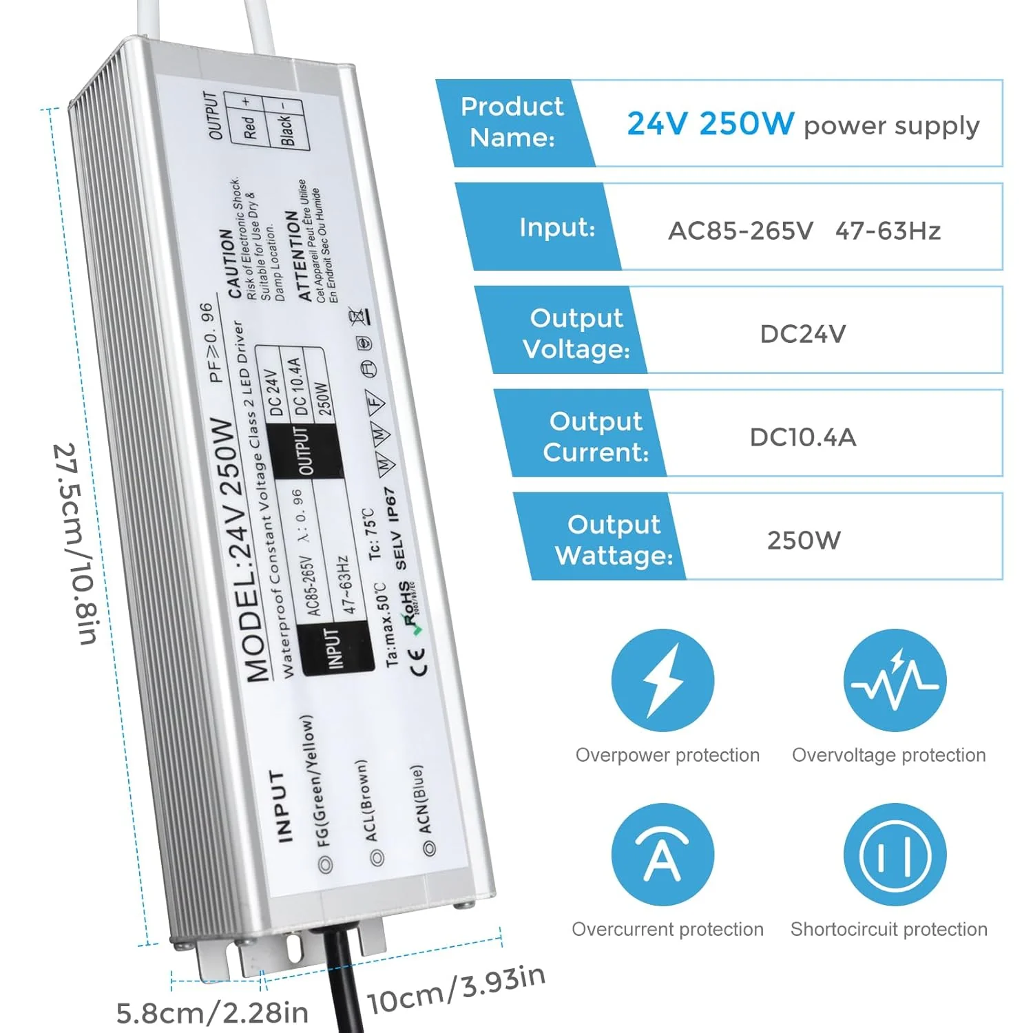 24V Waterproof LED Power Supply 30W–300W, 90–265V Input, Single/Dual Wire Output, Outdoor LED Driver, CE/RoHS/FCC — US/UK/EU Plug & Wire Leads Options - Image 40