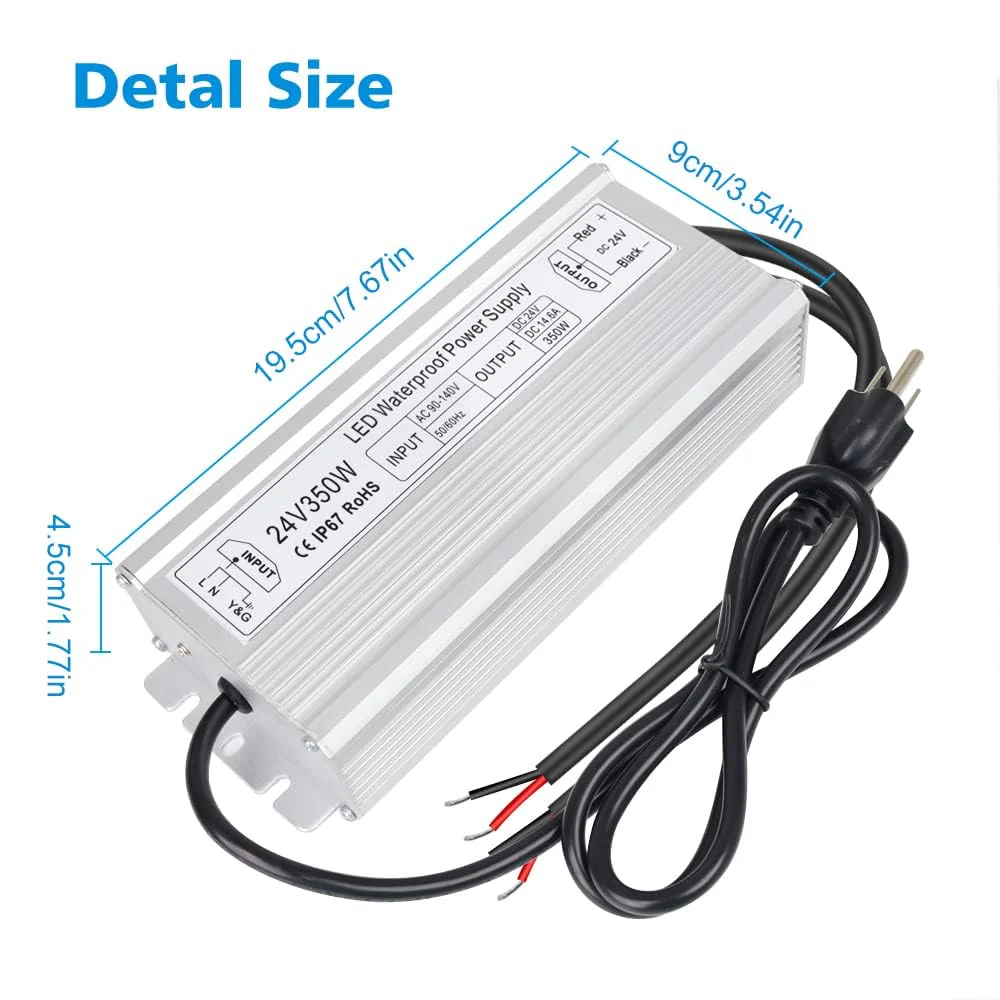 24V Waterproof LED Transformer, 90–140V Input, 200W–500W, Single/Dual Wire Output, CE/RoHS/FCC — US Plug & Wire Leads, Outdoor Lighting Adapter - Image 14