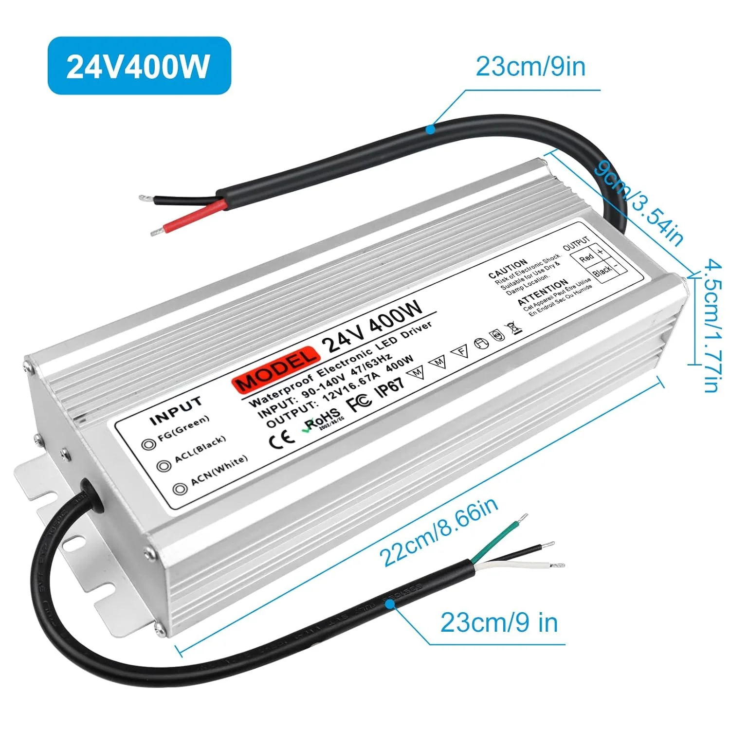 24V Waterproof LED Transformer, 90–140V Input, 200W–500W, Single/Dual Wire Output, CE/RoHS/FCC — US Plug & Wire Leads, Outdoor Lighting Adapter - Image 19