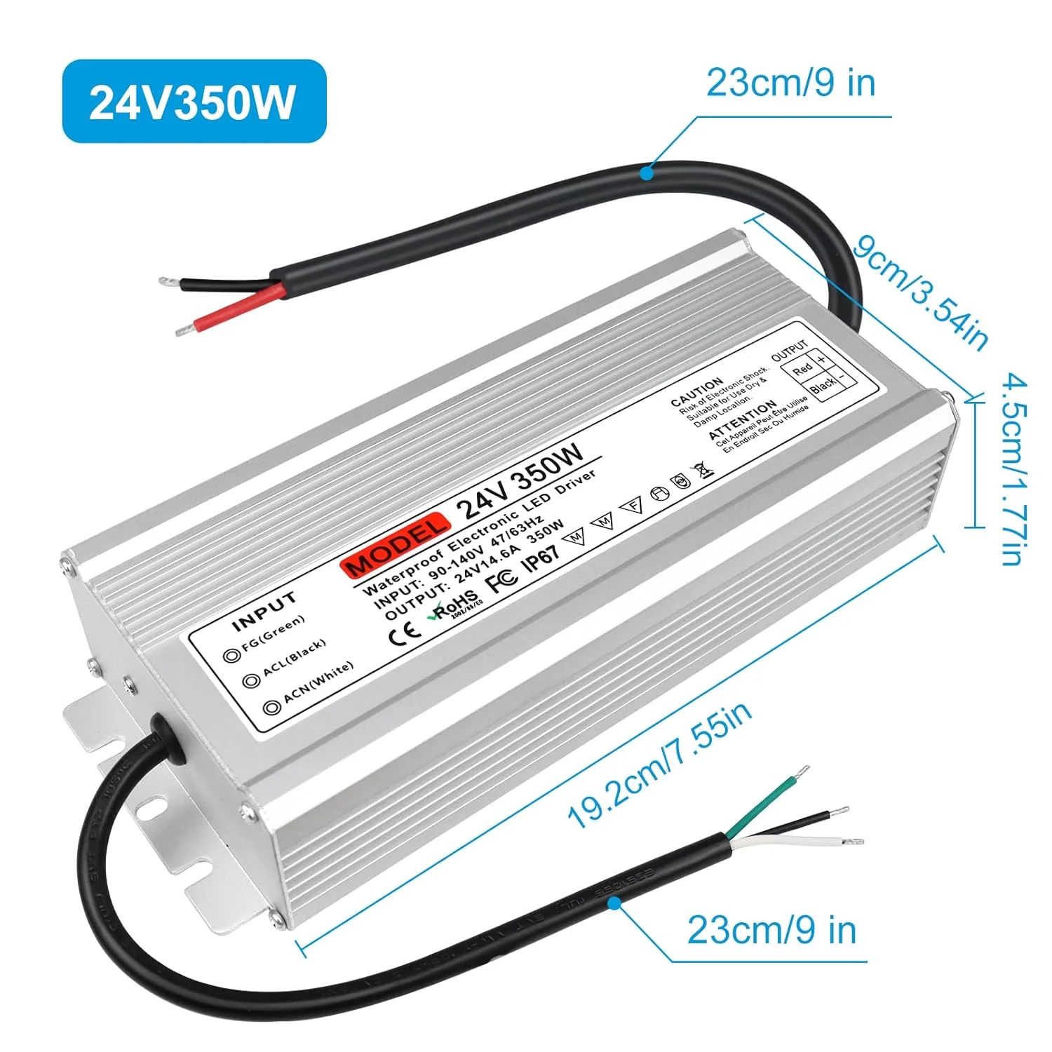 24V Waterproof LED Transformer, 90–140V Input, 200W–500W, Single/Dual Wire Output, CE/RoHS/FCC — US Plug & Wire Leads, Outdoor Lighting Adapter - Image 21
