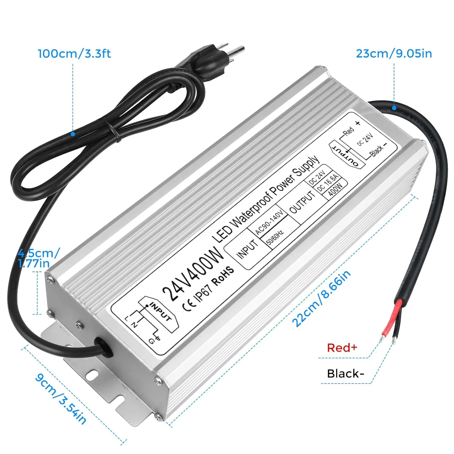 24V Waterproof LED Transformer, 90–140V Input, 200W–500W, Single/Dual Wire Output, CE/RoHS/FCC — US Plug & Wire Leads, Outdoor Lighting Adapter - Image 23