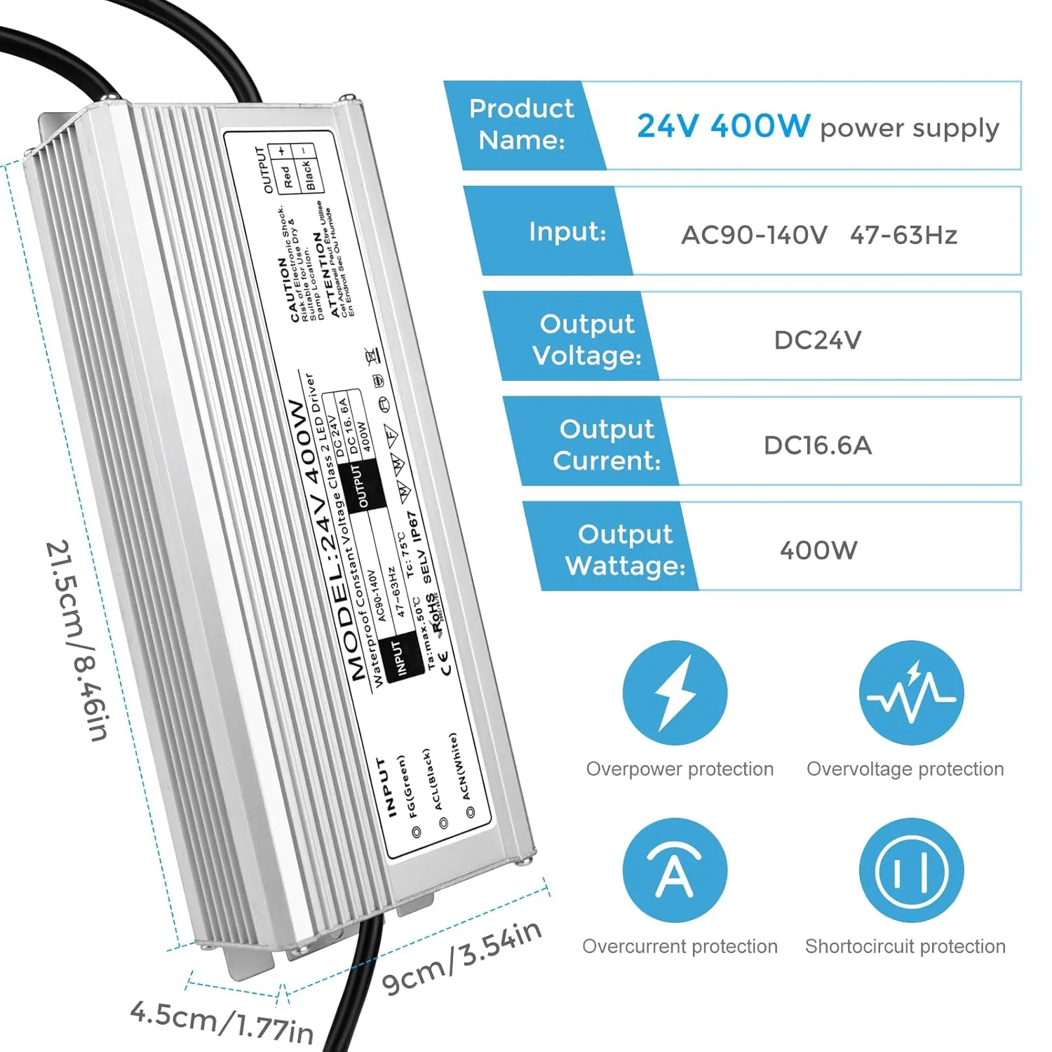 24V Waterproof LED Transformer, 90–140V Input, 200W–500W, Single/Dual Wire Output, CE/RoHS/FCC — US Plug & Wire Leads, Outdoor Lighting Adapter - Image 24