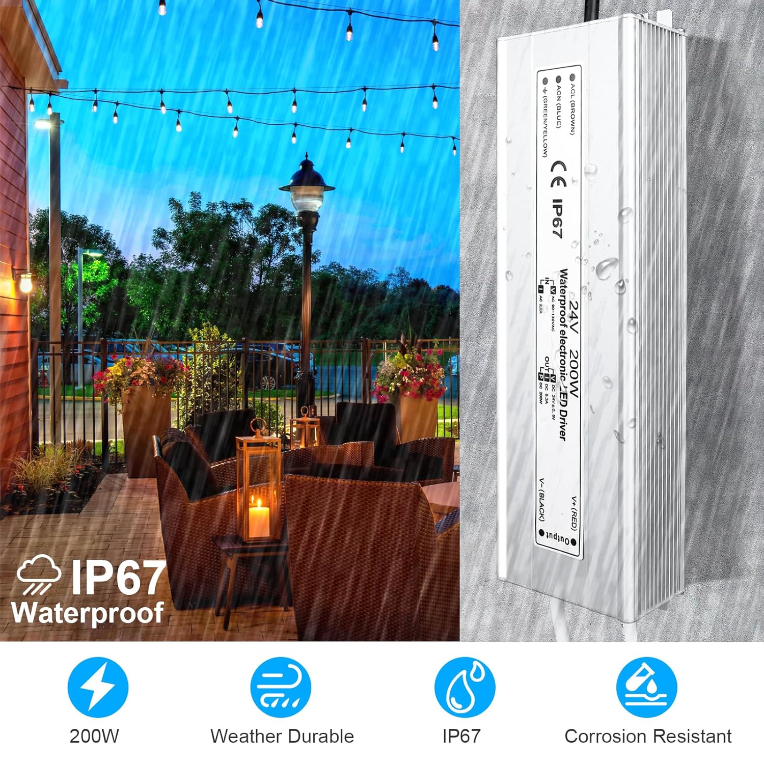24V Waterproof LED Transformer, 90–140V Input, 200W–500W, Single/Dual Wire Output, CE/RoHS/FCC — US Plug & Wire Leads, Outdoor Lighting Adapter - Image 5