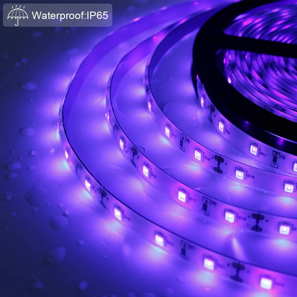 24W / 60W UV Black Light LED Strip – 16.4FT / 5M | SMD2835 | 60 LEDs/m (300 LEDs Total) | 395–405nm | Non-Waterproof / IP65 Waterproof | With Power Supply | For Night Fishing & Black Party - Image 2