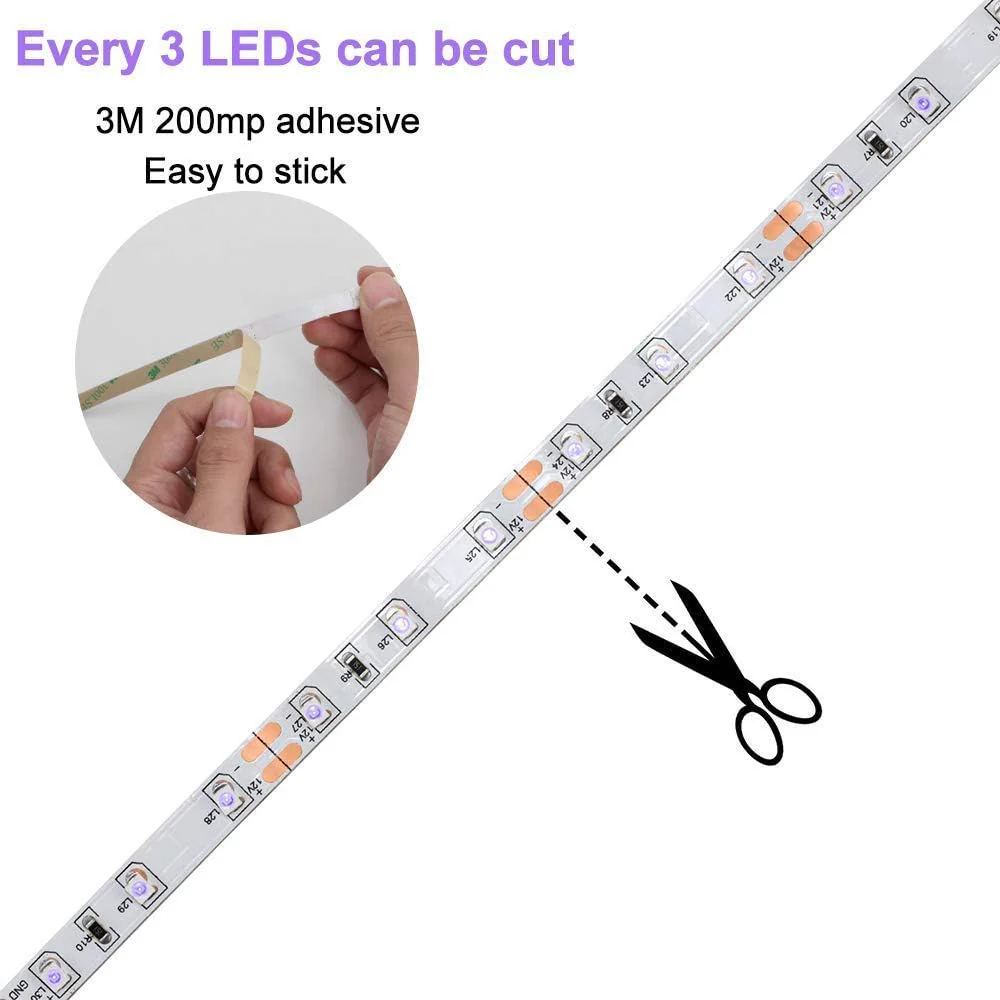 24W / 60W UV Black Light LED Strip – 16.4FT / 5M | SMD2835 | 60 LEDs/m (300 LEDs Total) | 395–405nm | Non-Waterproof / IP65 Waterproof | With Power Supply | For Night Fishing & Black Party - Image 6
