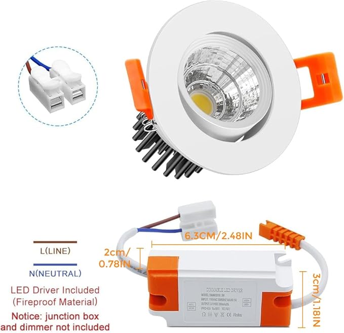 2Inch LED Recessed Ceiling Light, 3W Dimmable LED Downlight, Natural White 4000K, 60 Beam Angle COB Recessed Lights with Driver, 25W Halogen Bulbs Equivalent for Ceiling Lighting, White 10 Pack - Image 3