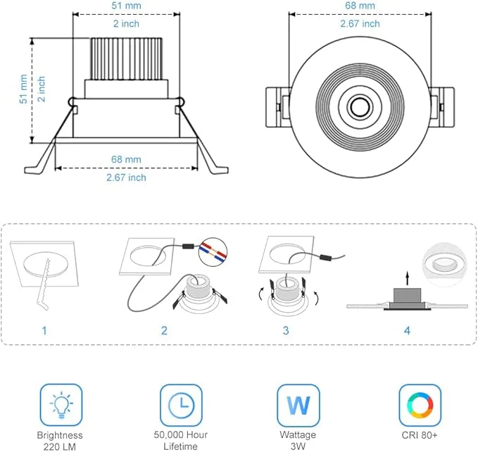 2Inch LED Recessed Ceiling Light, 3W Dimmable LED Downlight, Natural White 4000K, 60 Beam Angle COB Recessed Lights with Driver, 25W Halogen Bulbs Equivalent for Ceiling Lighting, White 10 Pack - Image 5