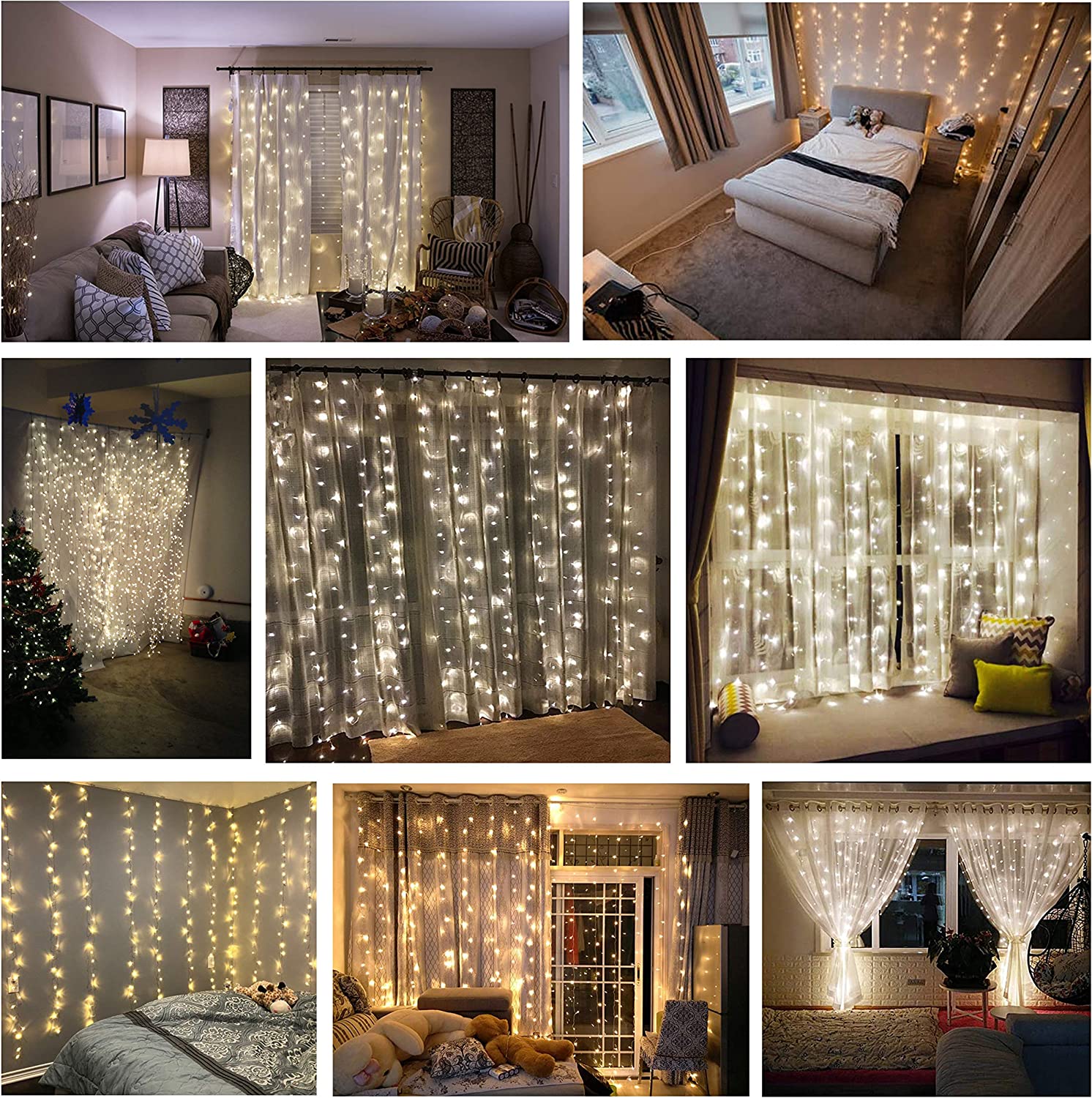 2PCS Pack of Curtain String Lights, 300 LED 9.8ft x 9.8ft 8 Lighting Modes Fairy Lights IP44 Certificated Plug in, Waterproof Lights for Christmas Party Wedding Outdoor Indoor Wall Deco - Image 10