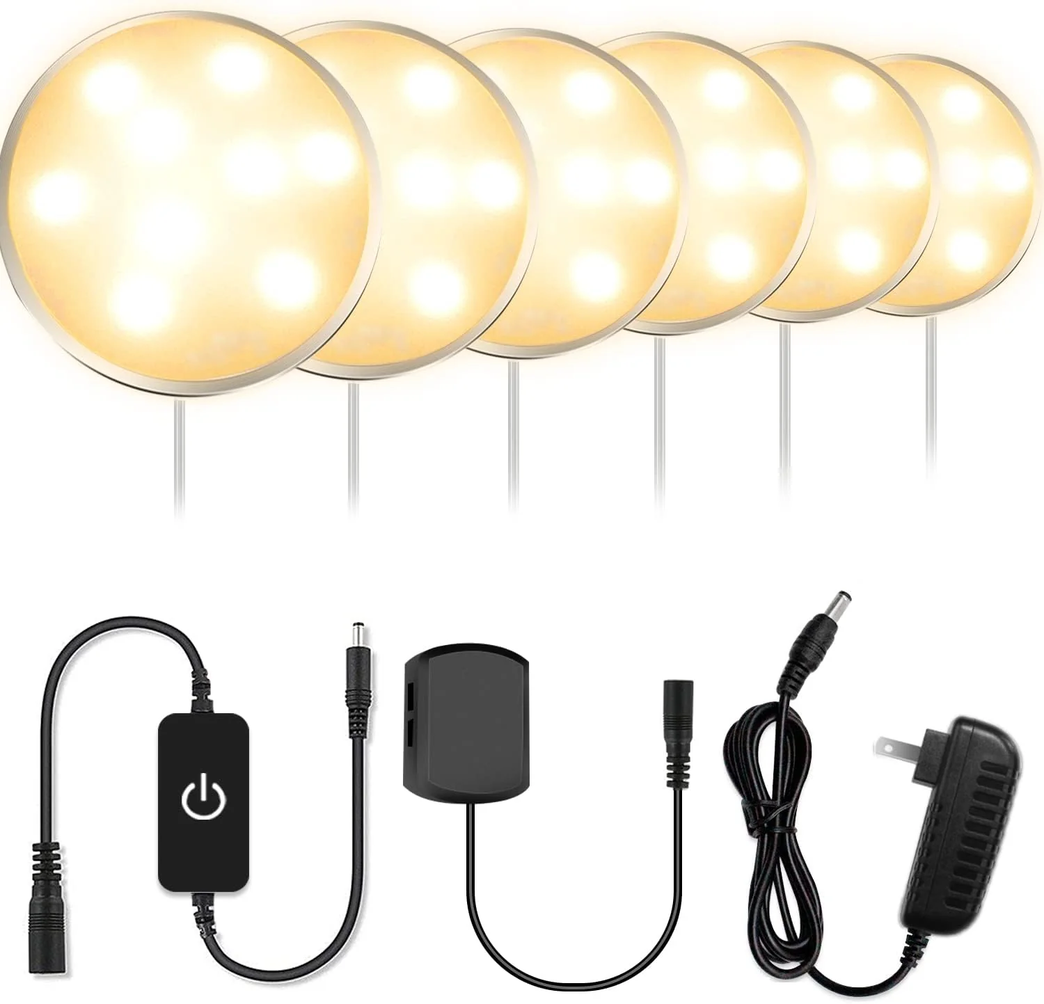 3 / 6 Pack LED Puck Cabinet Lights – Warm White / Daylight White | Silver Finish | 12V Adapter with US / UK Plug | Touch Dimmable | Adhesive Mount | for Kitchen & Under Cabinet - Image 10
