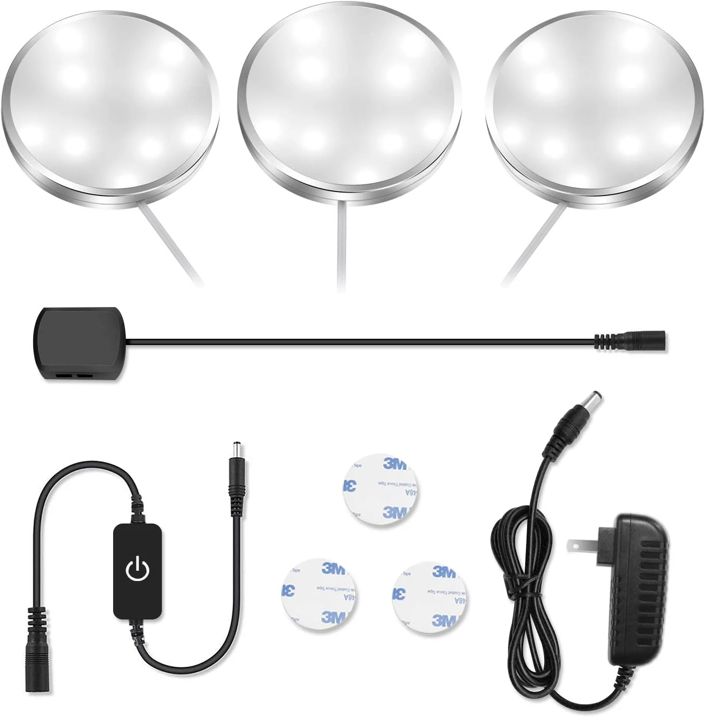 3 / 6 Pack LED Puck Cabinet Lights – Warm White / Daylight White | Silver Finish | 12V Adapter with US / UK Plug | Touch Dimmable | Adhesive Mount | for Kitchen & Under Cabinet - Image 11