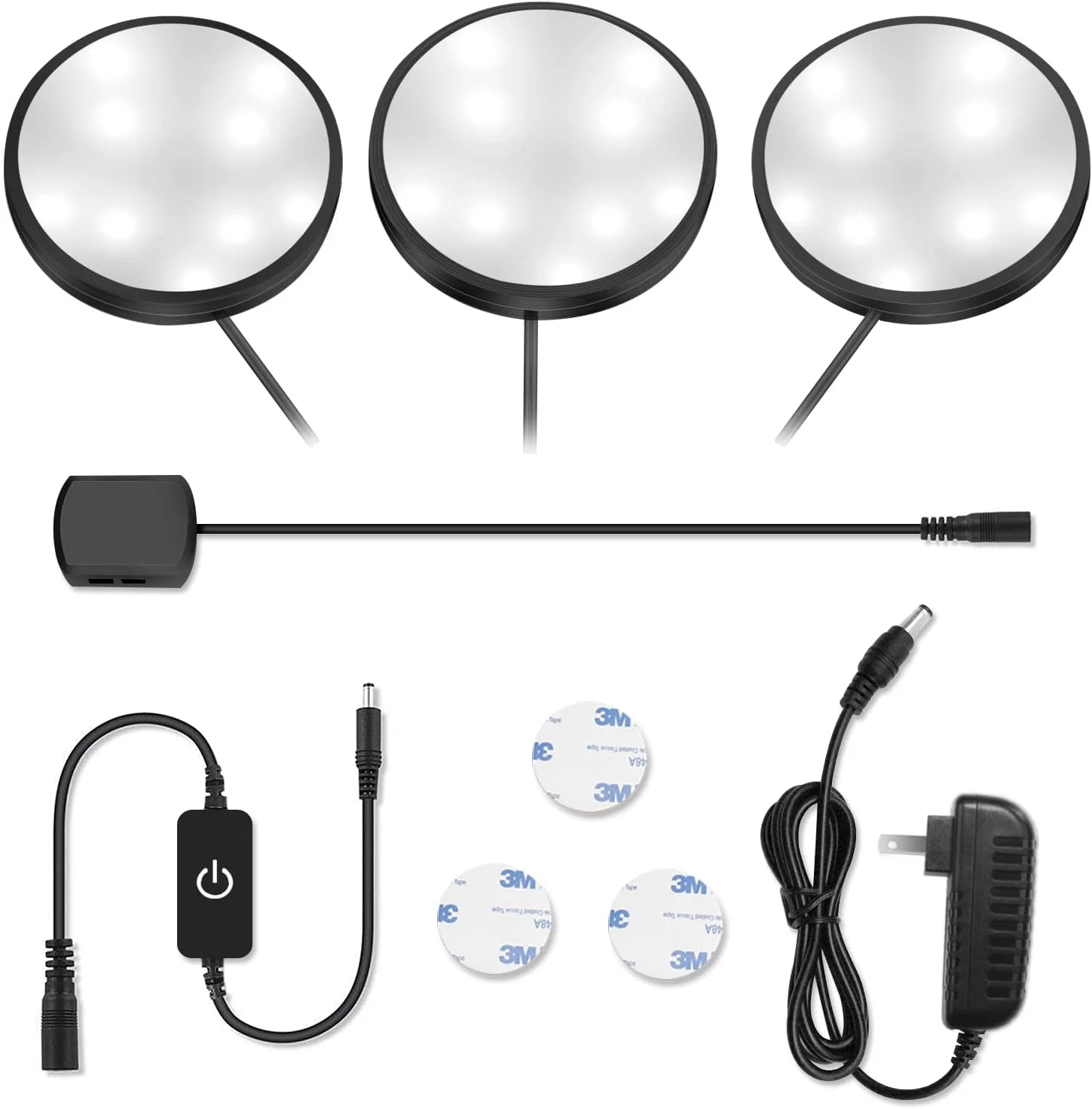 3 Pack LED Puck Cabinet Lights – Warm White / Daylight White | Black Finish | 12V Adapter with US / UK Plug | Touch Dimmable | Adhesive Mount | for Kitchen & Under Cabinet - Image 8