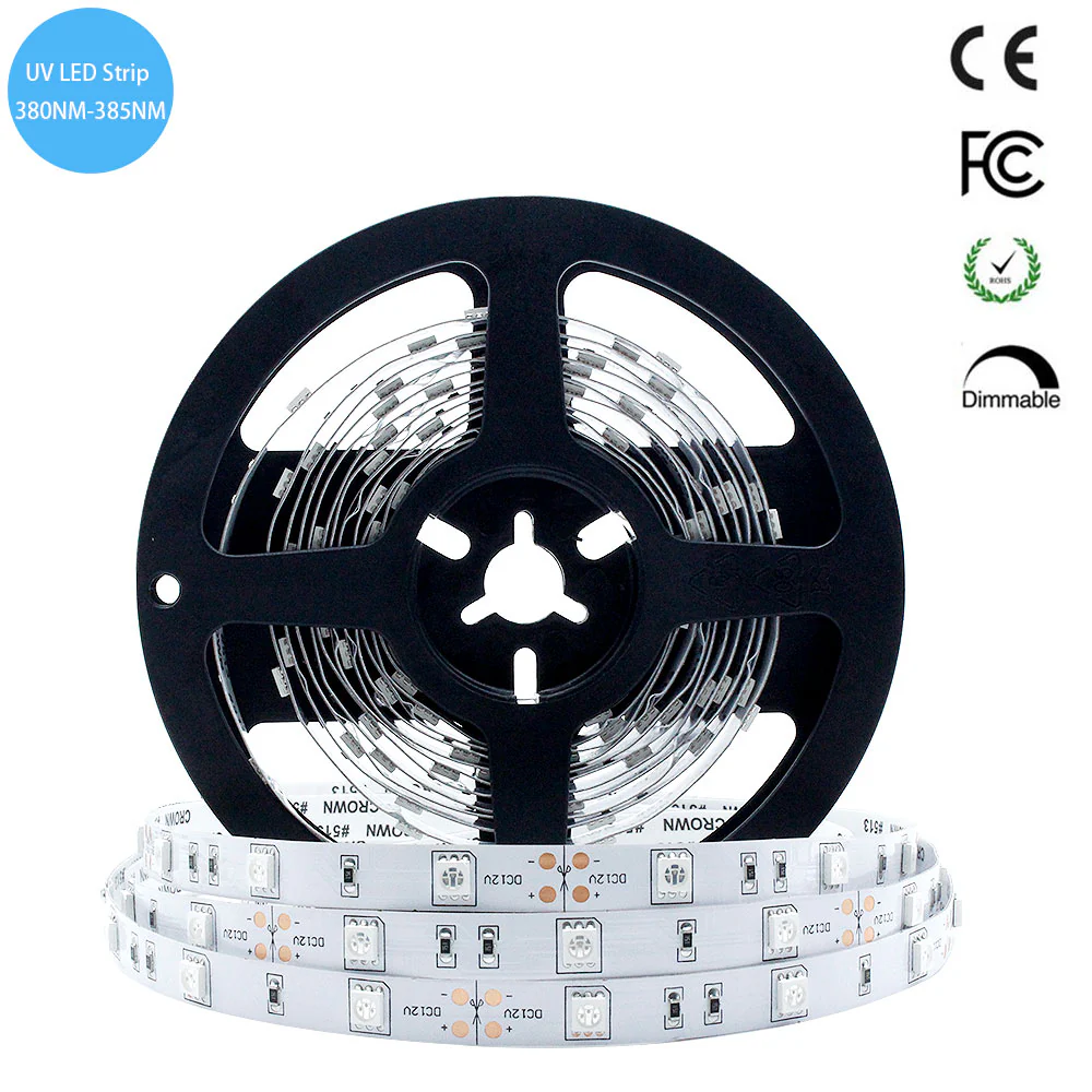 380-385nm SMD5050 UV LED Strip Light – 16.4FT / 5M | 30 / 60 / 120 LEDs/m | DC12V | Non-Waterproof / IP67 Waterproof | Not Include Power Supply | for Curing, Currency Validation & Medical Field - Image 2