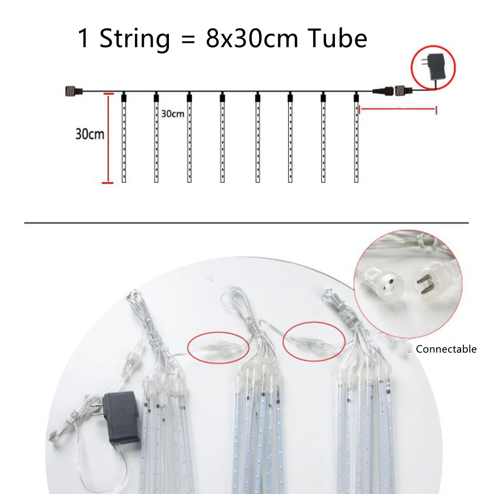 3PCS Pack of Christmas Lights Meteor Shower Rain Lights 8 Tube 12 Inch Waterproof Plug in Falling Rain Fairy String Lights for Halloween Christmas Holiday Party Home Patio Outdoor Decoration - Image 5