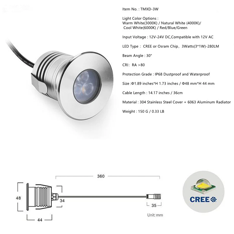 3W 3-LED Underwater Pool Lights – IP68 Waterproof | DC 12V / 24V Low Voltage | Stainless Steel & Aluminum Submersible Lights | Red / Green / Blue / 3000K / 4000K / 6000K for Pool, Fountain & Pond Lighting |  8 / 10-Pack - Image 3