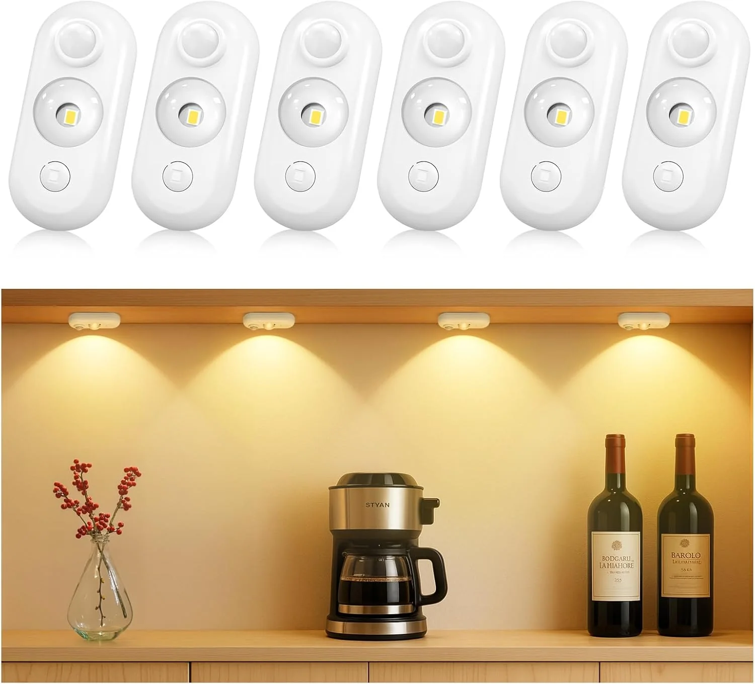 4/6 Pack Rechargeable Oval LED Closet Light | Motion Sensor, Tap Switch, Dimmable | Warm / Daylight White | Black / White Finish | Magnetic Mounting for Closets & Cabinets - Image 14