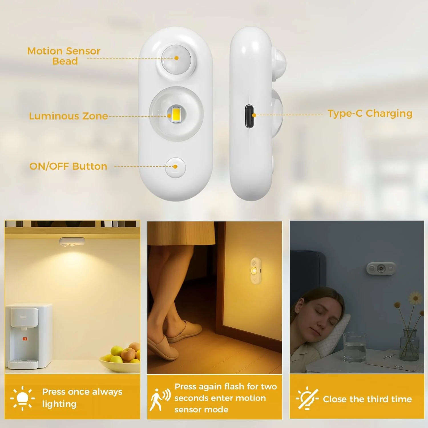 4/6 Pack Rechargeable Oval LED Closet Light | Motion Sensor, Tap Switch, Dimmable | Warm / Daylight White | Black / White Finish | Magnetic Mounting for Closets & Cabinets - Image 3