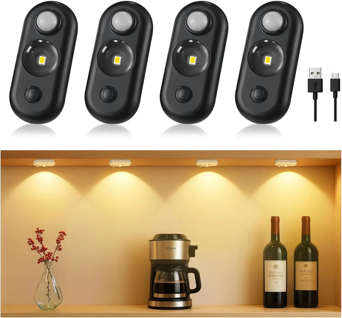 4/6 Pack Rechargeable Oval LED Closet Light | Motion Sensor, Tap Switch, Dimmable | Warm / Daylight White | Black / White Finish | Magnetic Mounting for Closets & Cabinets - Image 8