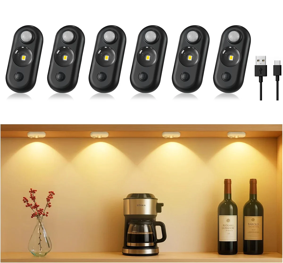 4/6 Pack Rechargeable Oval LED Closet Light | Motion Sensor, Tap Switch, Dimmable | Warm / Daylight White | Black / White Finish | Magnetic Mounting for Closets & Cabinets - Image 9