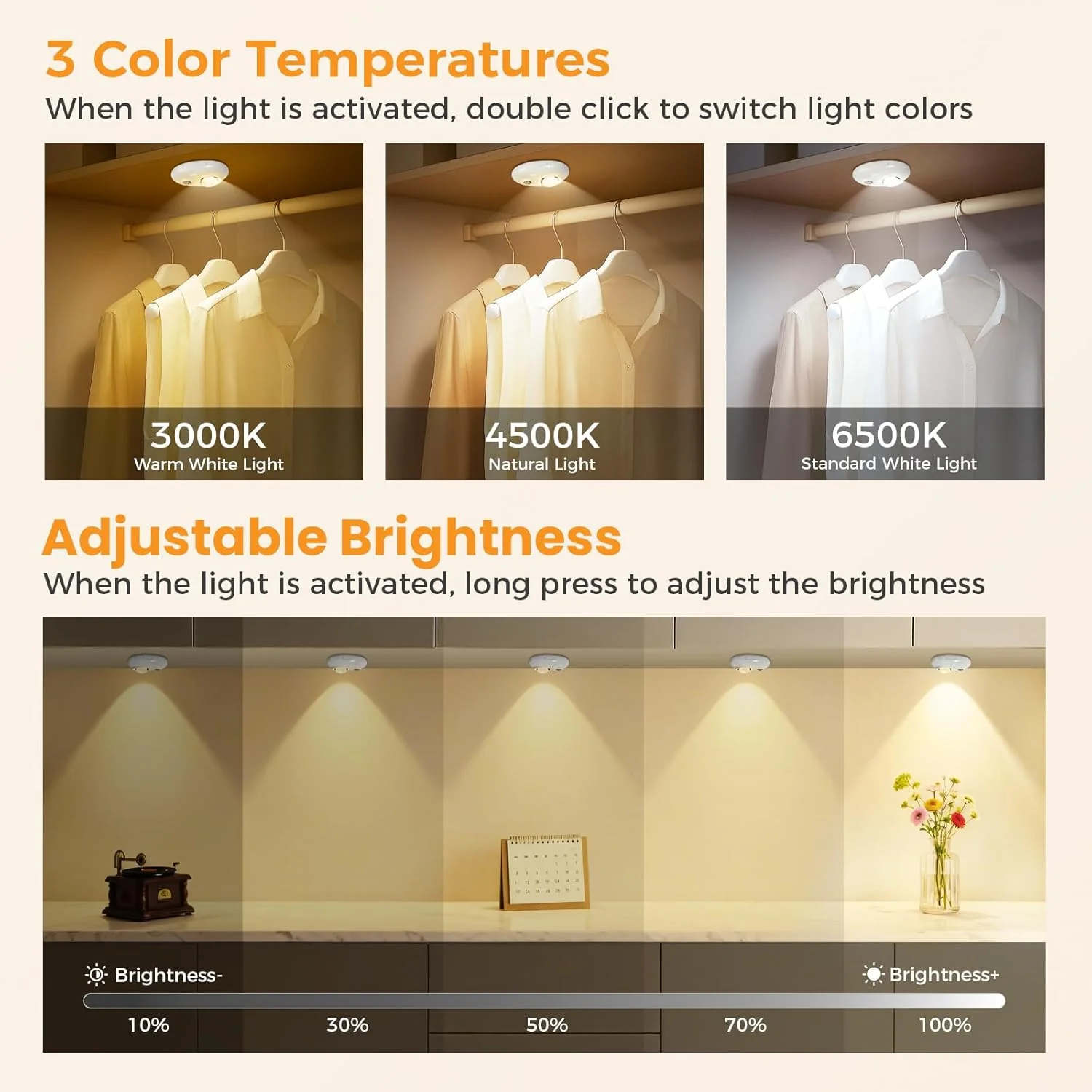 4/6 Pack Rechargeable Pebble LED Closet Light | 1 LED, 3 Color Modes (3000K / 4000K / 6000K) | Motion Sensor, Tap Switch, Dimmable | White Finish | Magnetic Mounting - Image 3